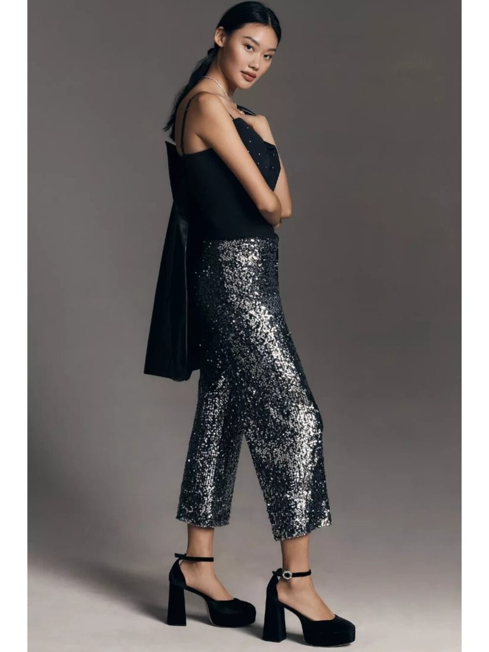 NWT Maeve by Anthropologie Colette in Black Silver Sequin Wide-Leg Crop Pants 28 - Picture 2 of 13